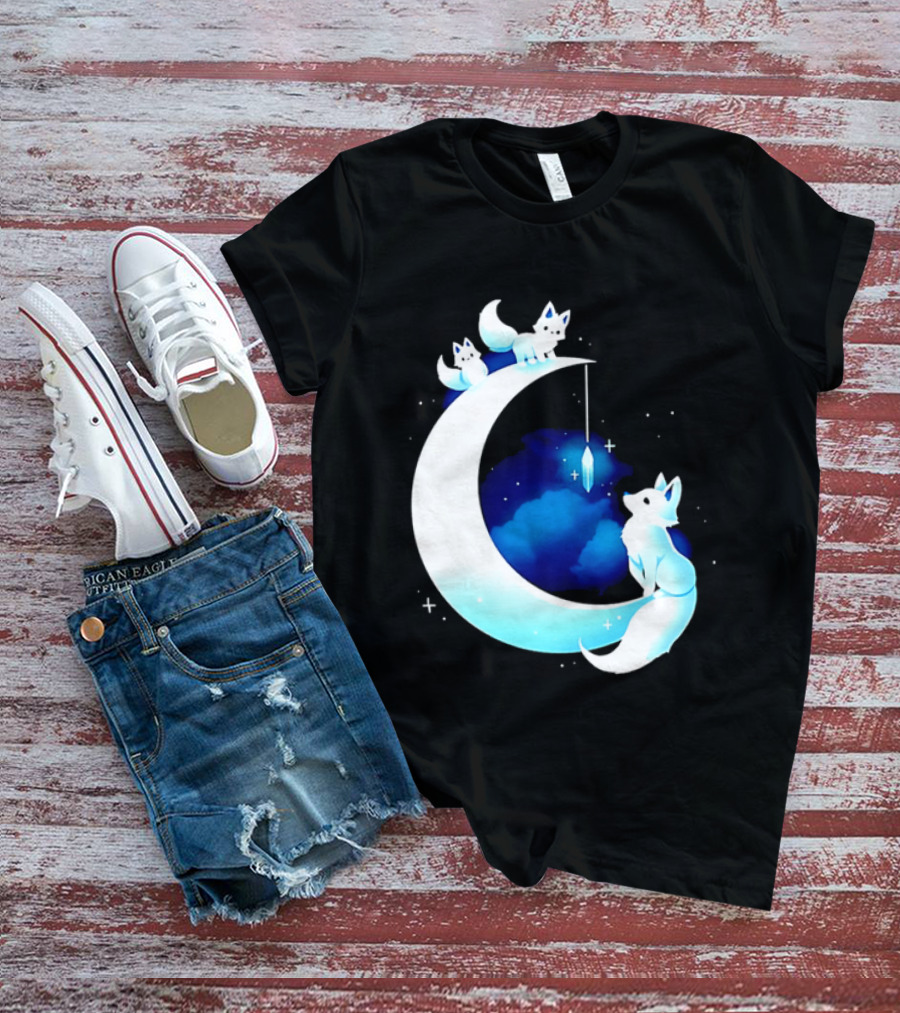 Glowing White Arctic Foxes Crescent Moon Crystal Night Sky T-Shirt