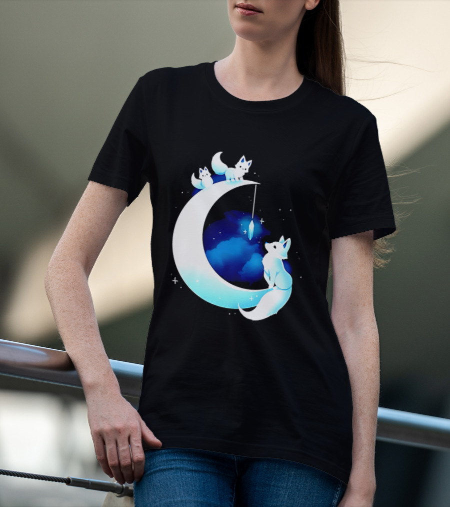 Glowing White Arctic Foxes Crescent Moon Crystal Night Sky T-Shirt
