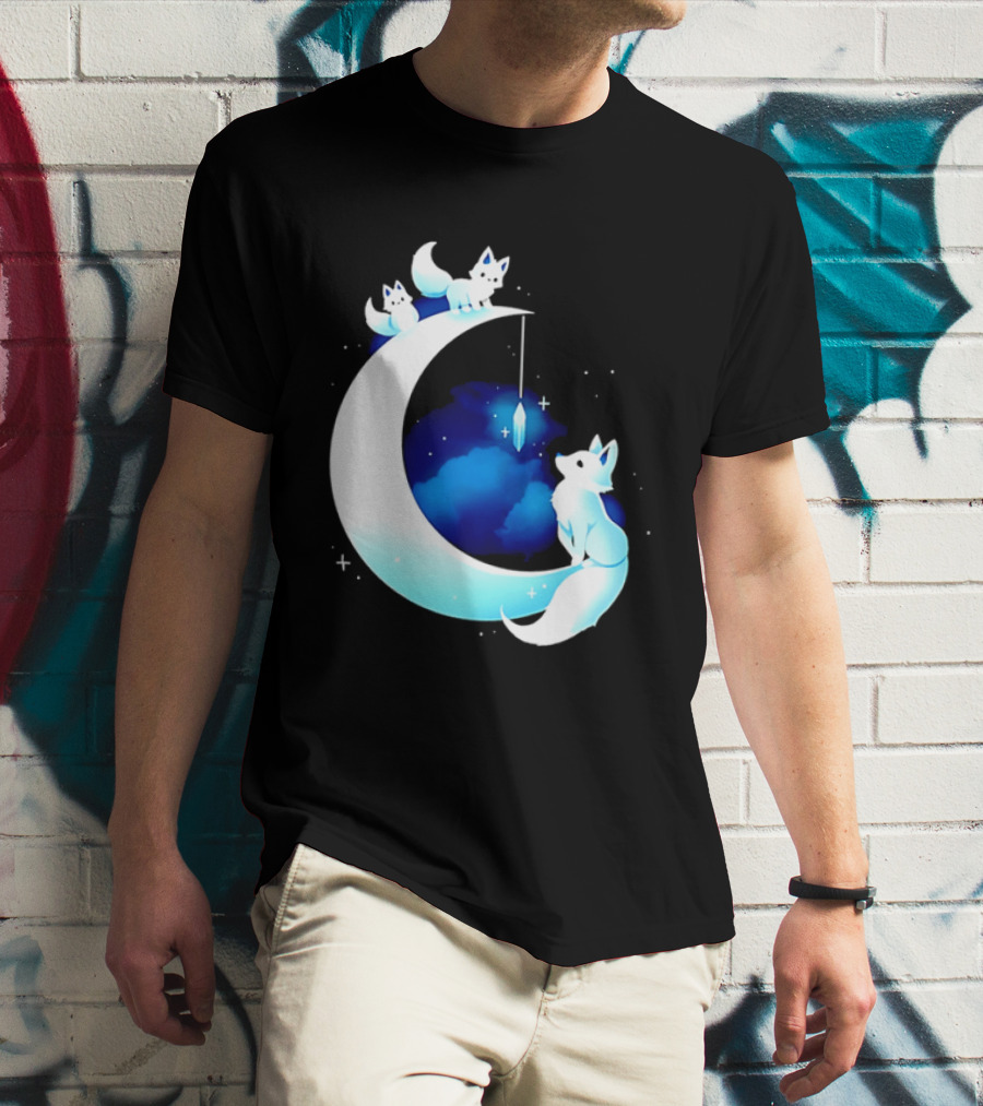 Glowing White Arctic Foxes Crescent Moon Crystal Night Sky T-Shirt