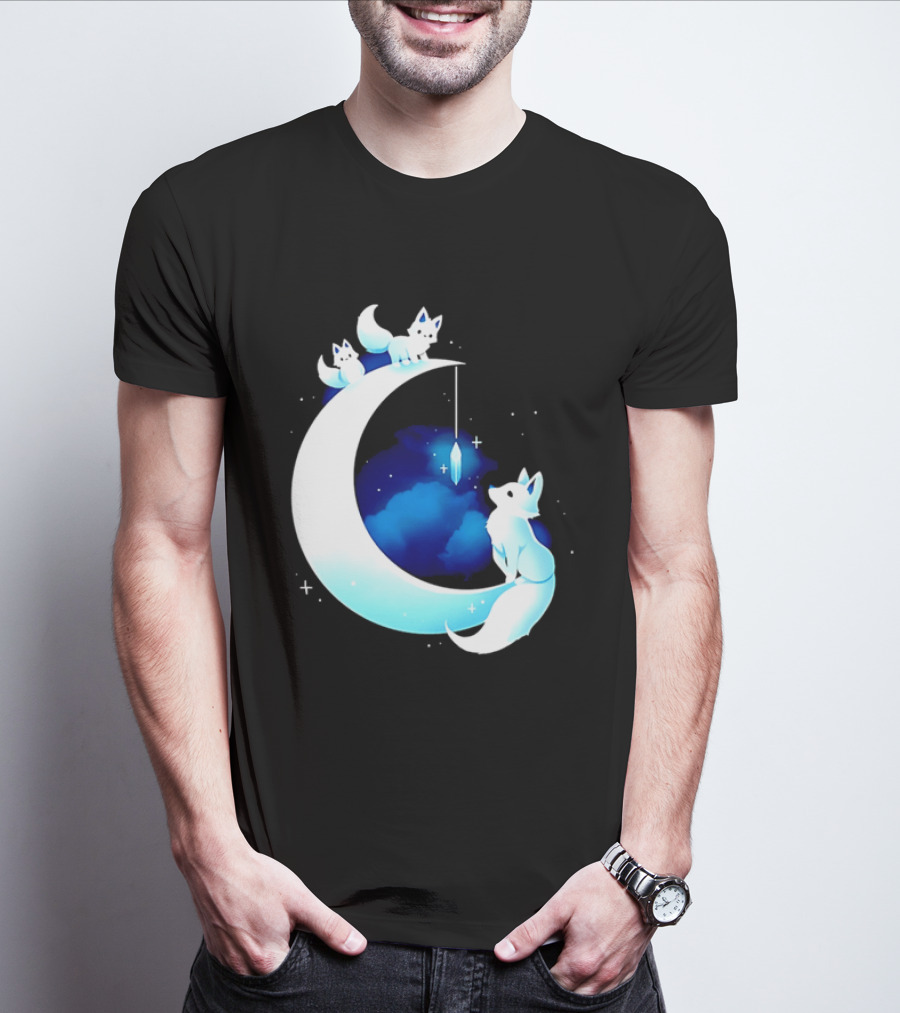 Glowing White Arctic Foxes Crescent Moon Crystal Night Sky T-Shirt