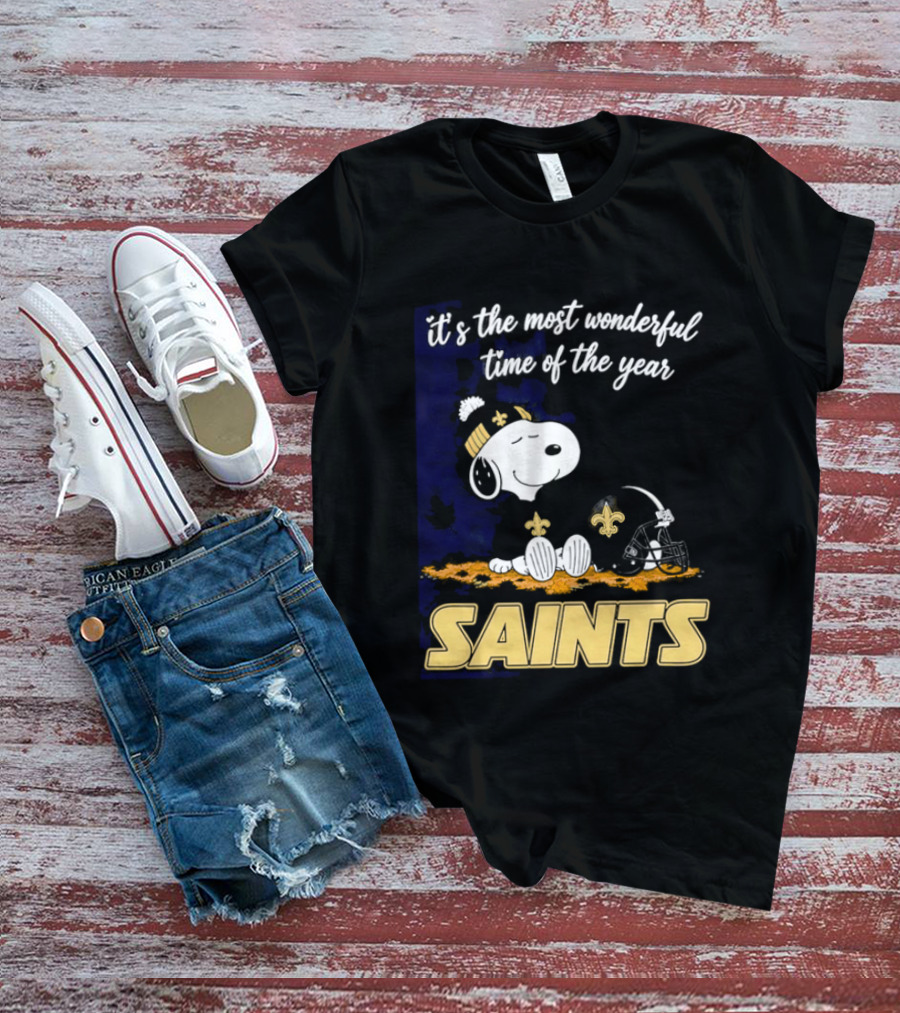 New Orleans Saints Snoopy Beanie Helmet Autumn Leaves Most Wonderful Time Of Year T-Shirt