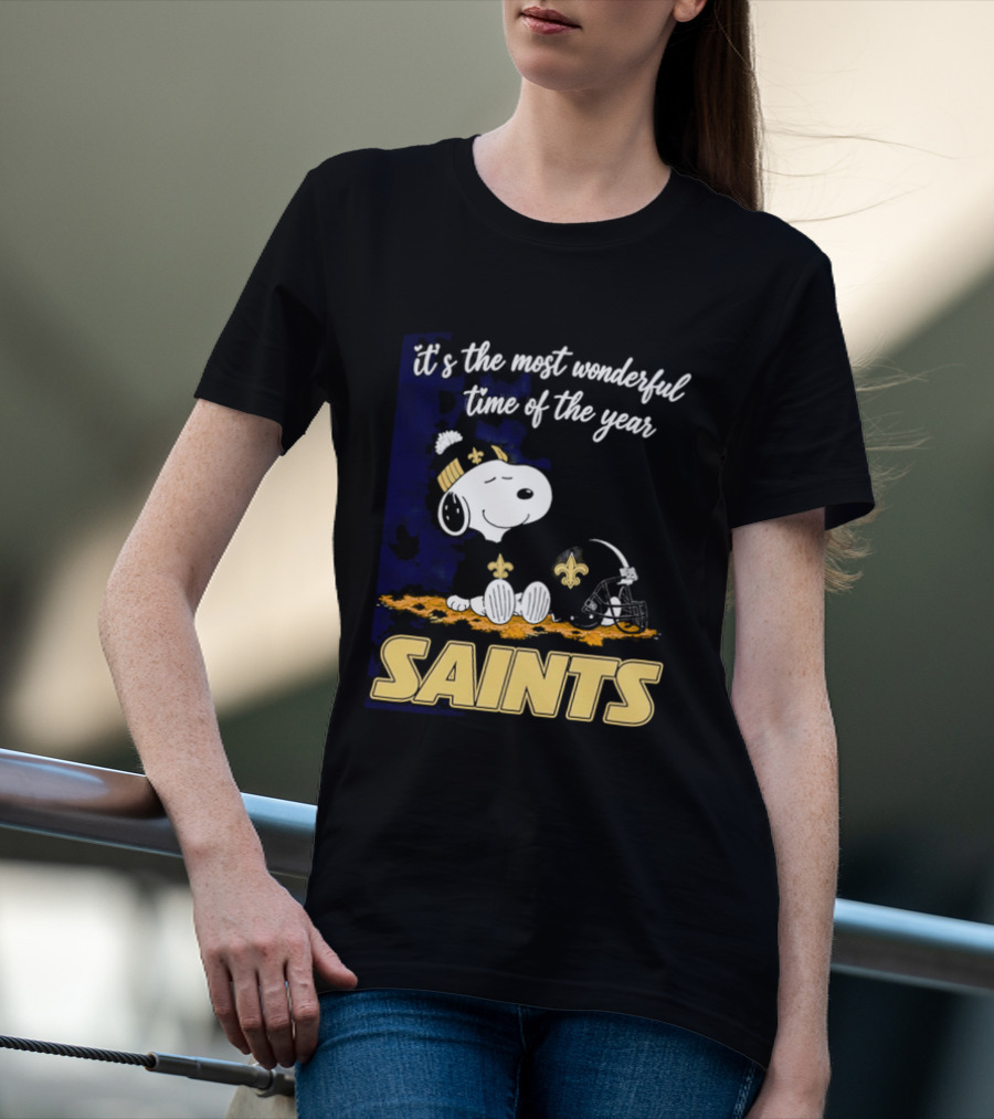New Orleans Saints Snoopy Beanie Helmet Autumn Leaves Most Wonderful Time Of Year T-Shirt