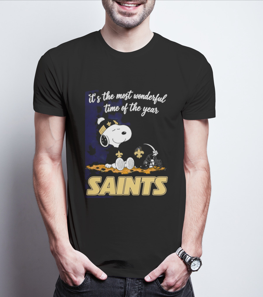 New Orleans Saints Snoopy Beanie Helmet Autumn Leaves Most Wonderful Time Of Year T-Shirt