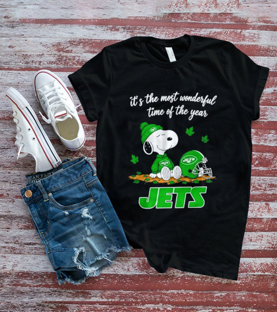 New York Jets It's The Most Wonderful Time Of Year Cartoon Dog Beanie Helmet Autumn Leaves T-Shirt
