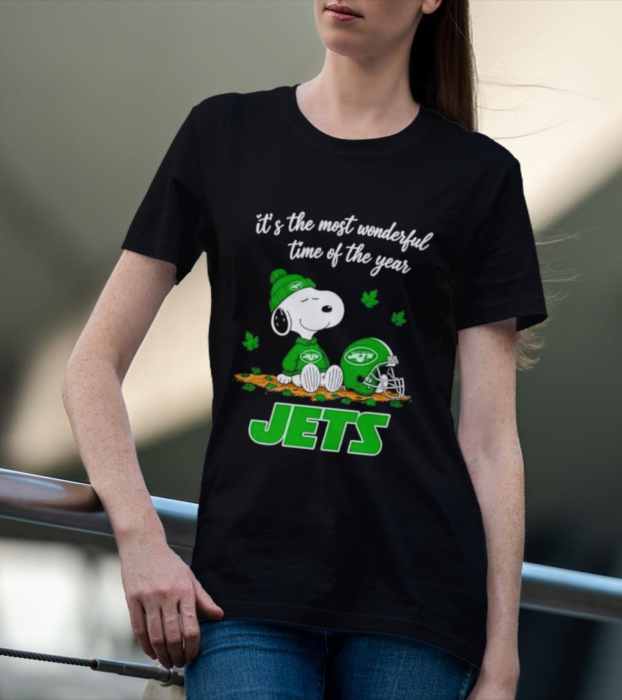 New York Jets It's The Most Wonderful Time Of Year Cartoon Dog Beanie Helmet Autumn Leaves T-Shirt
