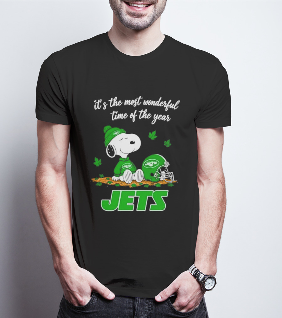 New York Jets It's The Most Wonderful Time Of Year Cartoon Dog Beanie Helmet Autumn Leaves T-Shirt