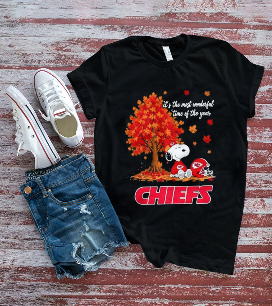 Kansas City Chiefs Snoopy Autumn Tree Football Helmet Most Wonderful Time Of The Year T-Shirt