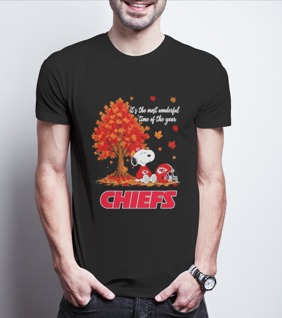 Kansas City Chiefs Snoopy Autumn Tree Football Helmet Most Wonderful Time Of The Year T-Shirt