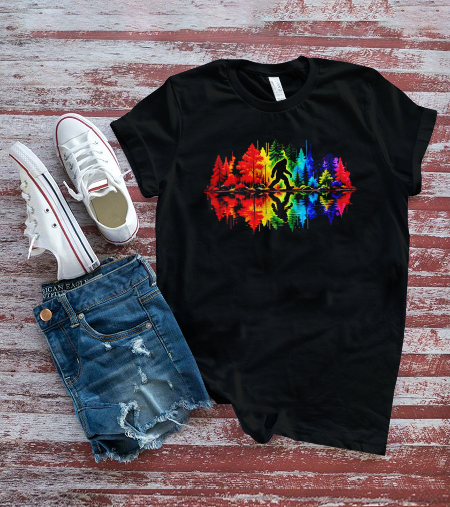 Rainbow Bigfoot Forest Reflection T-Shirt