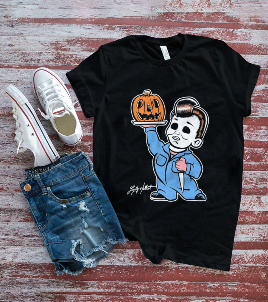 Lucky Hellcat Michael Myers Cartoon Pumpkin Knife Caricature T-Shirt