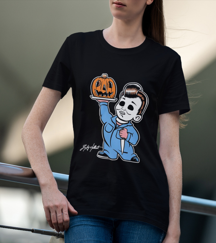 Lucky Hellcat Michael Myers Cartoon Pumpkin Knife Caricature T-Shirt
