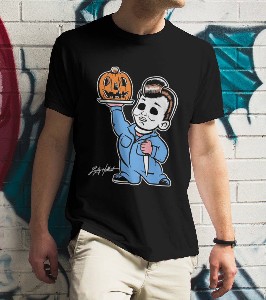 Lucky Hellcat Michael Myers Cartoon Pumpkin Knife Caricature T-Shirt
