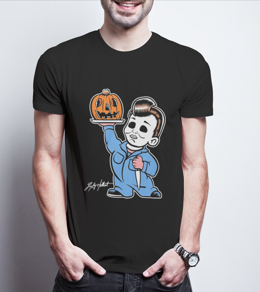 Lucky Hellcat Michael Myers Cartoon Pumpkin Knife Caricature T-Shirt