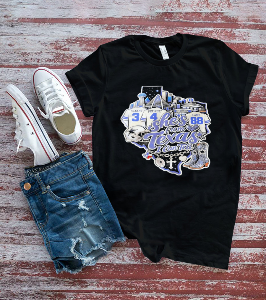She's From Texas I Can Tell Pickens Prescott Lamb Dallas Cowboys Boots AT&T Stadium T-Shirt