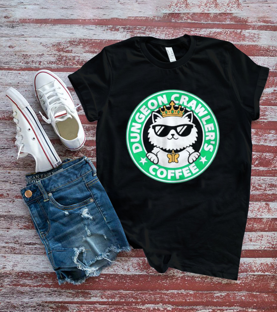Dungeon Crawlers Coffee White Cat Crown Sunglasses T-Shirt