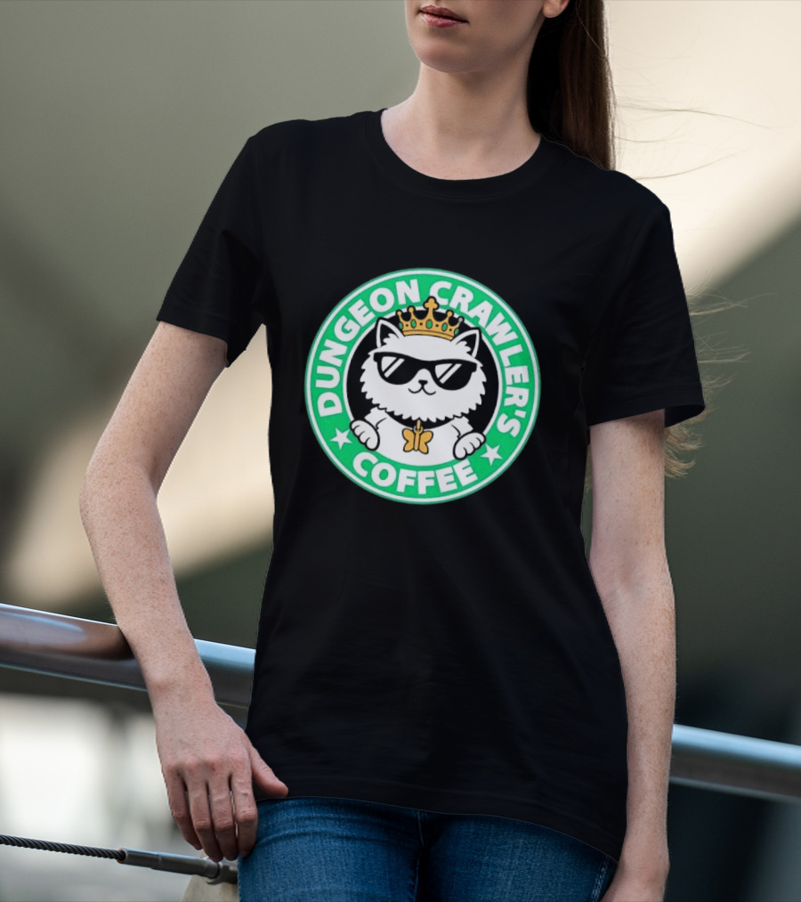Dungeon Crawlers Coffee White Cat Crown Sunglasses T-Shirt