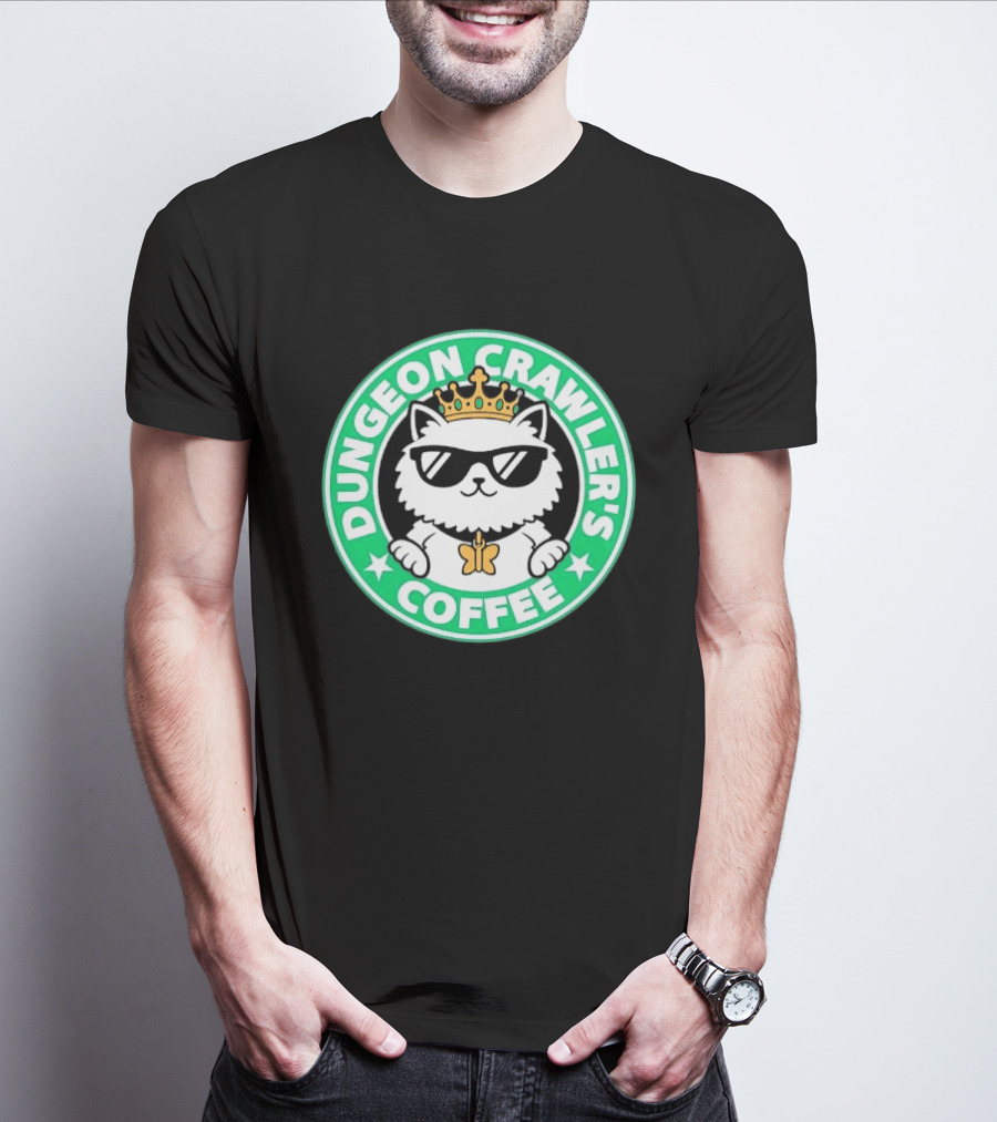 Dungeon Crawlers Coffee White Cat Crown Sunglasses T-Shirt