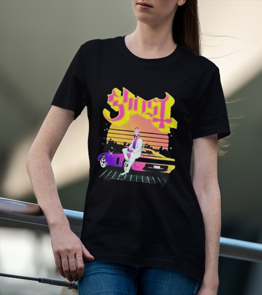 Ghost Miami Vice Retro Sunset Car Scene T-Shirt