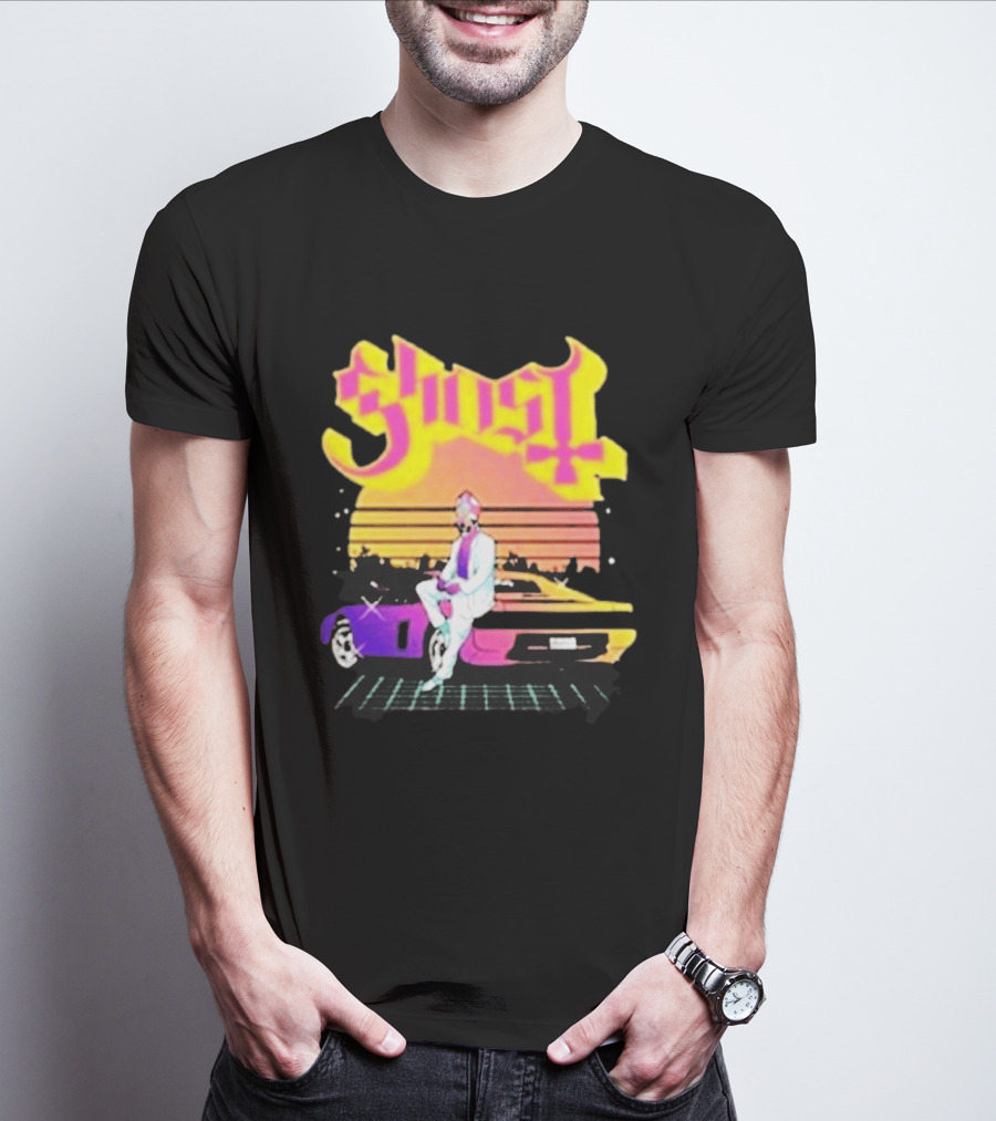 Ghost Miami Vice Retro Sunset Car Scene T-Shirt