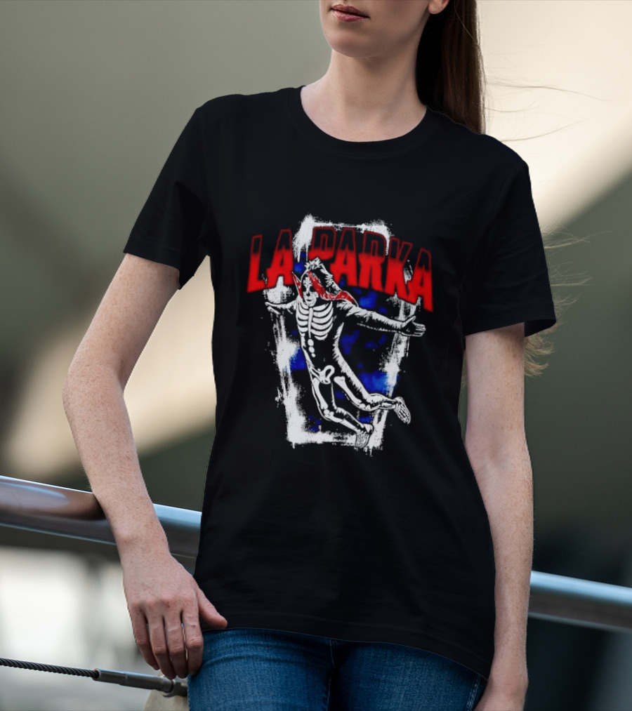 LA Parka Masked Skeleton Wrestler Jumping Distressed Frame T-Shirt