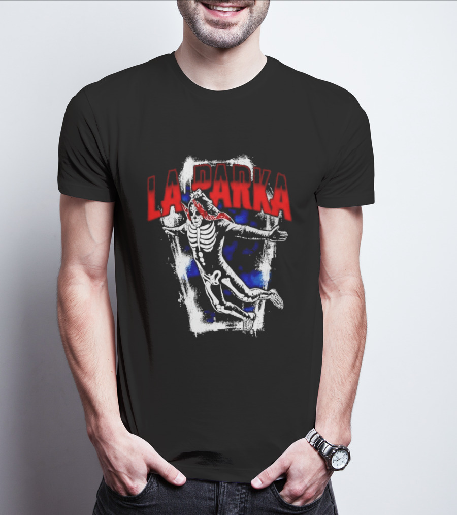 LA Parka Masked Skeleton Wrestler Jumping Distressed Frame T-Shirt