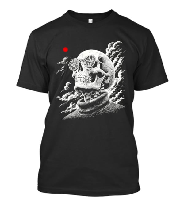 Line Skull Hypnotic Glasses Turtleneck Red Sun Clouds T-Shirt