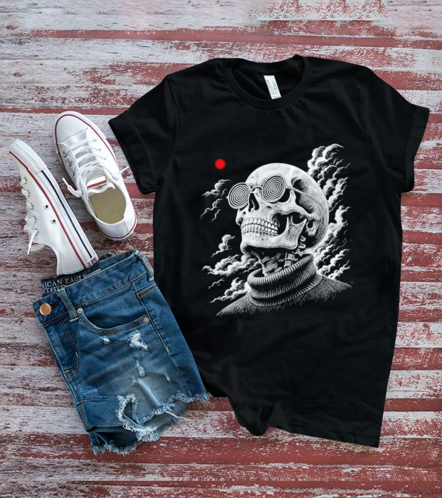 Line Skull Hypnotic Glasses Turtleneck Red Sun Clouds T-Shirt