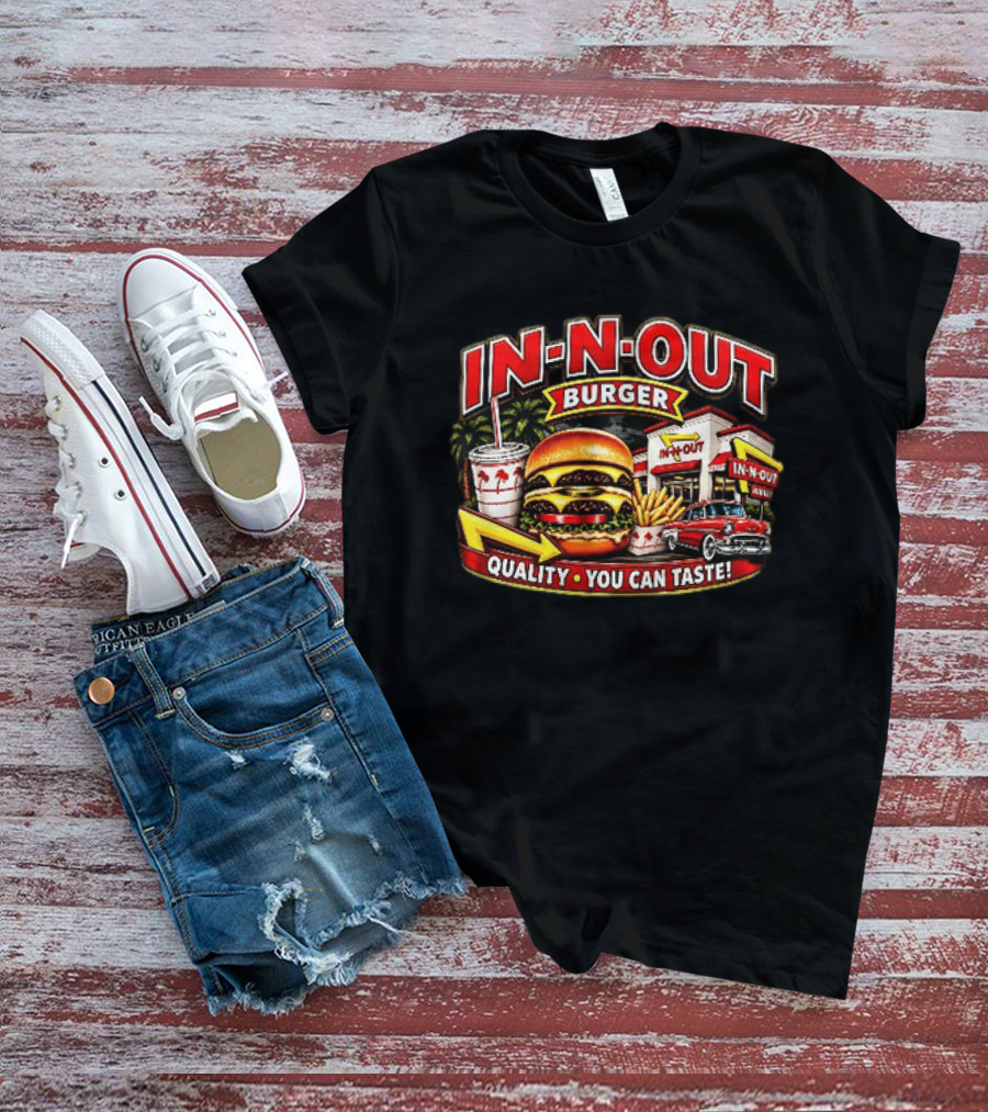 In N Out Burger Quality You Can Taste Palm Trees Classic Car Hamburger Fries Retro Restaurant Scene T-Shirt