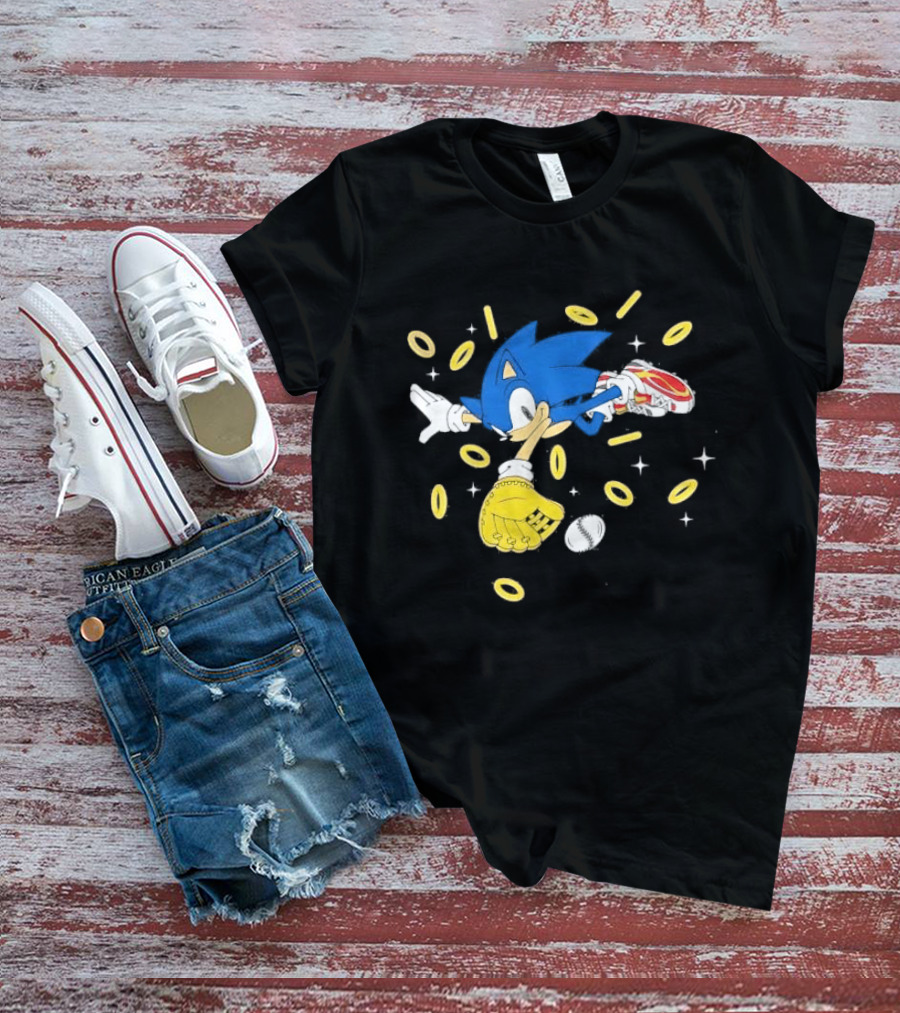 The Hedgehog Running Collecting Rings With Baseball Glove And Ball T-Shirt