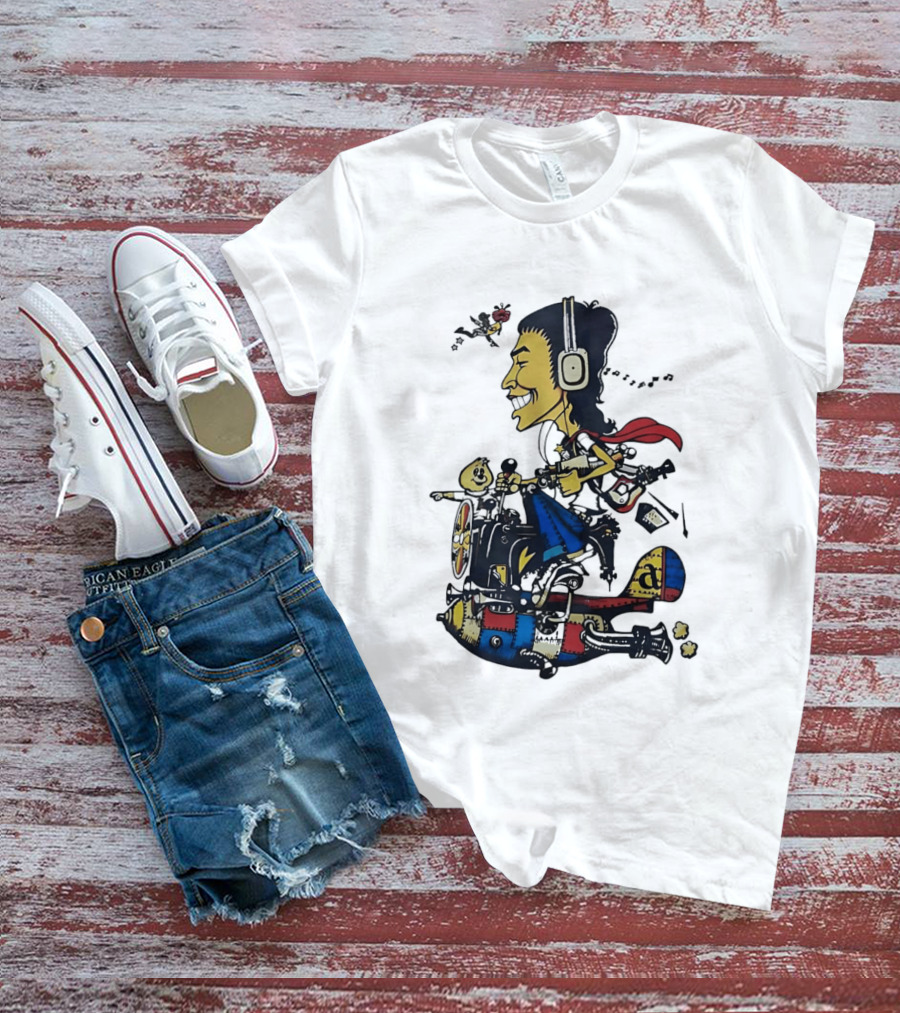 Cartoon Caricature Man With Headphones Riding Flying Rocket Airplane T-Shirt