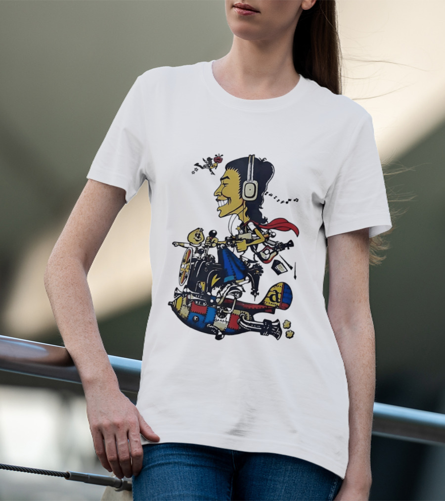 Cartoon Caricature Man With Headphones Riding Flying Rocket Airplane T-Shirt