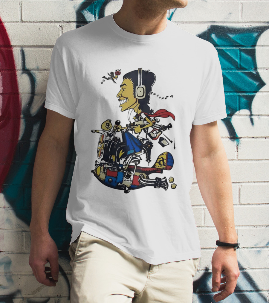 Cartoon Caricature Man With Headphones Riding Flying Rocket Airplane T-Shirt