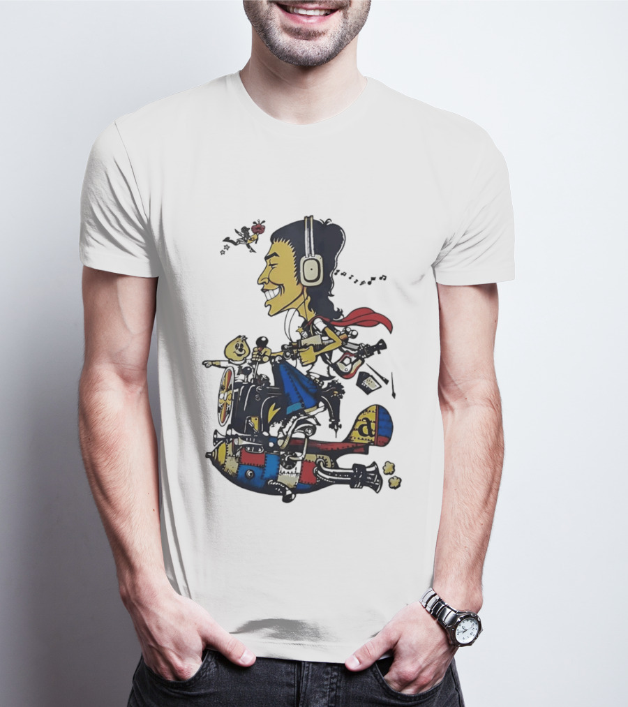 Cartoon Caricature Man With Headphones Riding Flying Rocket Airplane T-Shirt