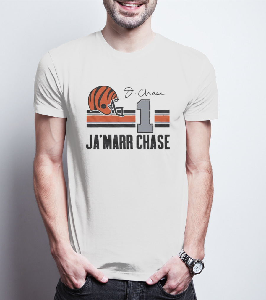 Cincinnati Bengals Ja'Marr Chase Helmet 1 J Signature Stripes Wood Texture T-Shirt