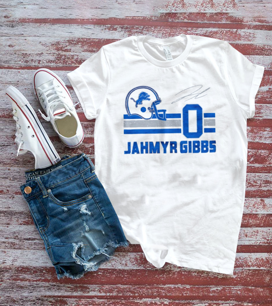 Detroit Lions Jahmyr Gibbs Zero Helmet Number Stripes Distressed T-Shirt