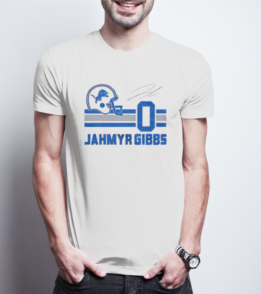 Detroit Lions Jahmyr Gibbs Zero Helmet Number Stripes Distressed T-Shirt