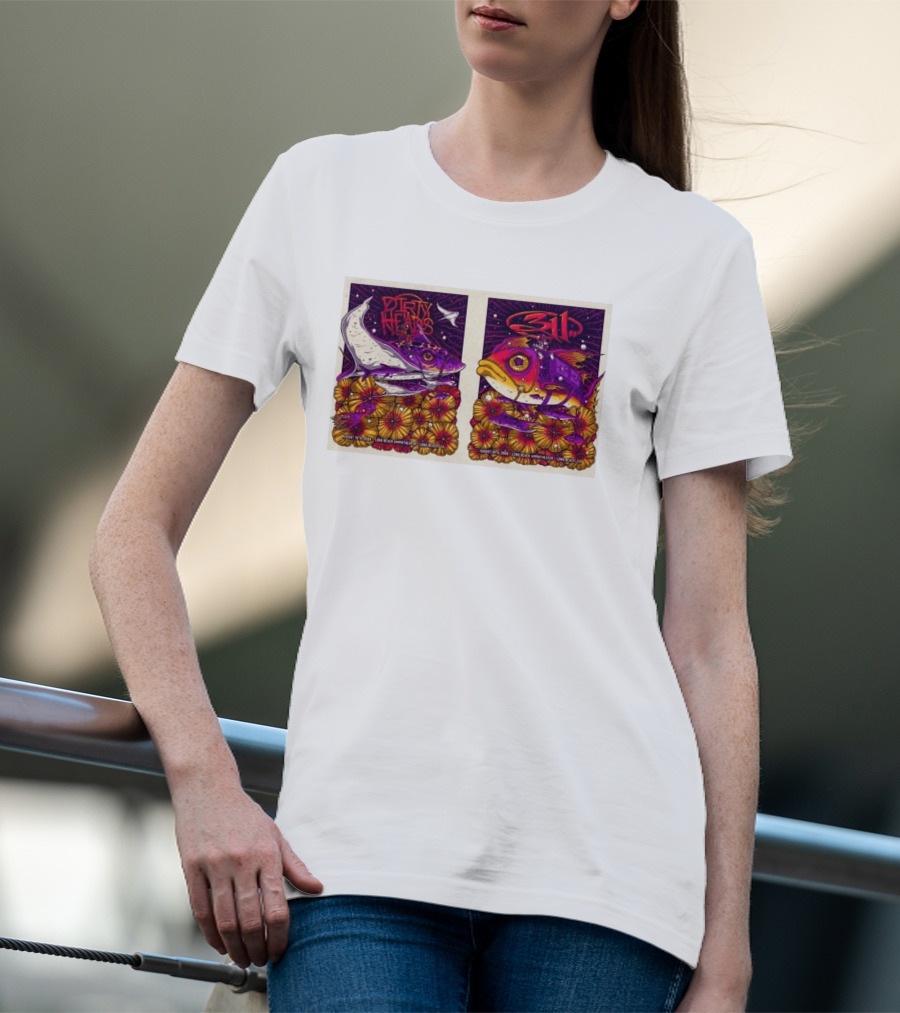 Dirty Heads 311 August 18 2026 Long Beach Amphitheater California Concert Art Colorful Fish Flowers T-Shirt