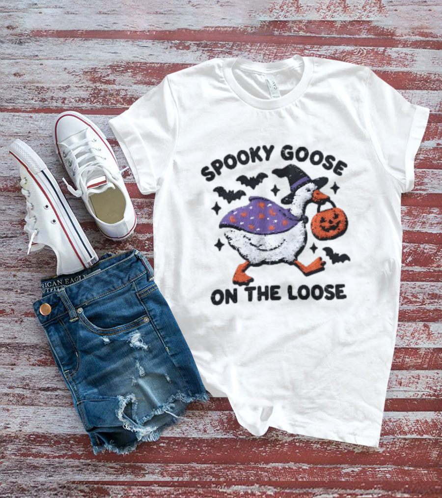 Spooky Goose On The Loose Halloween Embroidered T-Shirt