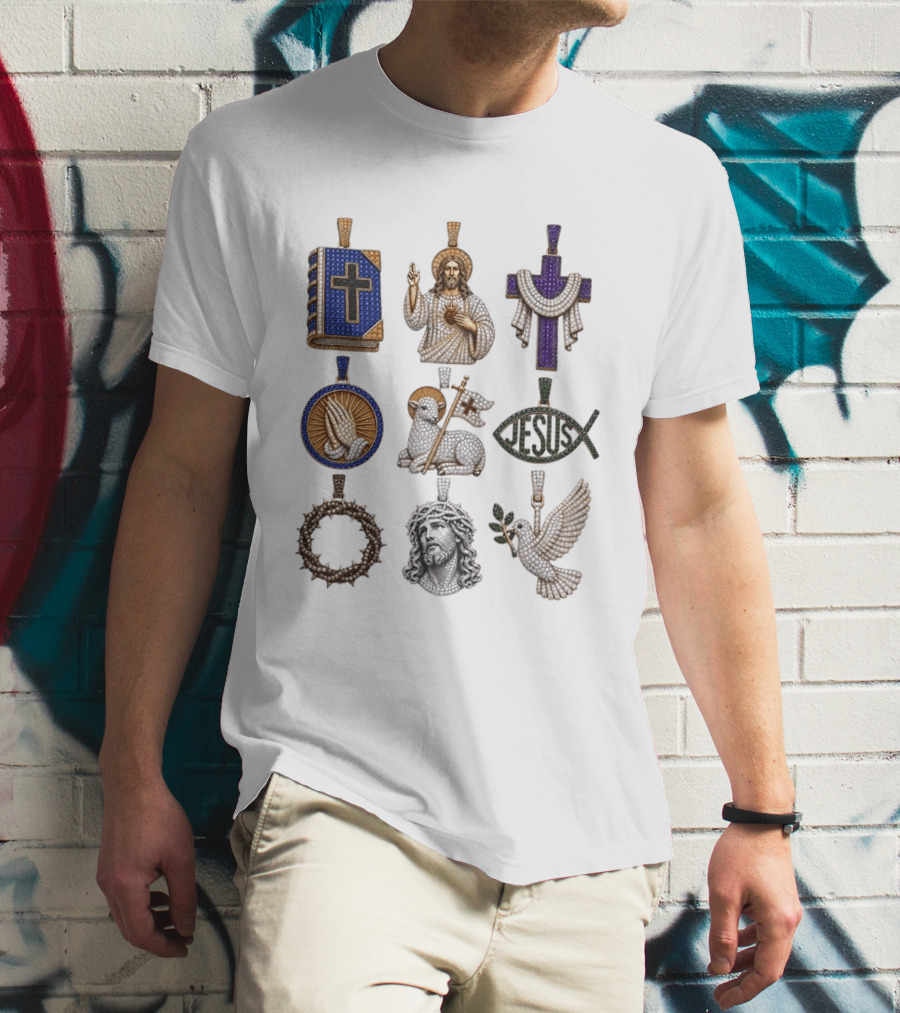 Jesus Cross Bible Lamb Fish Dove Crown Praying Hands Gemstone Pendants Collection T-Shirt