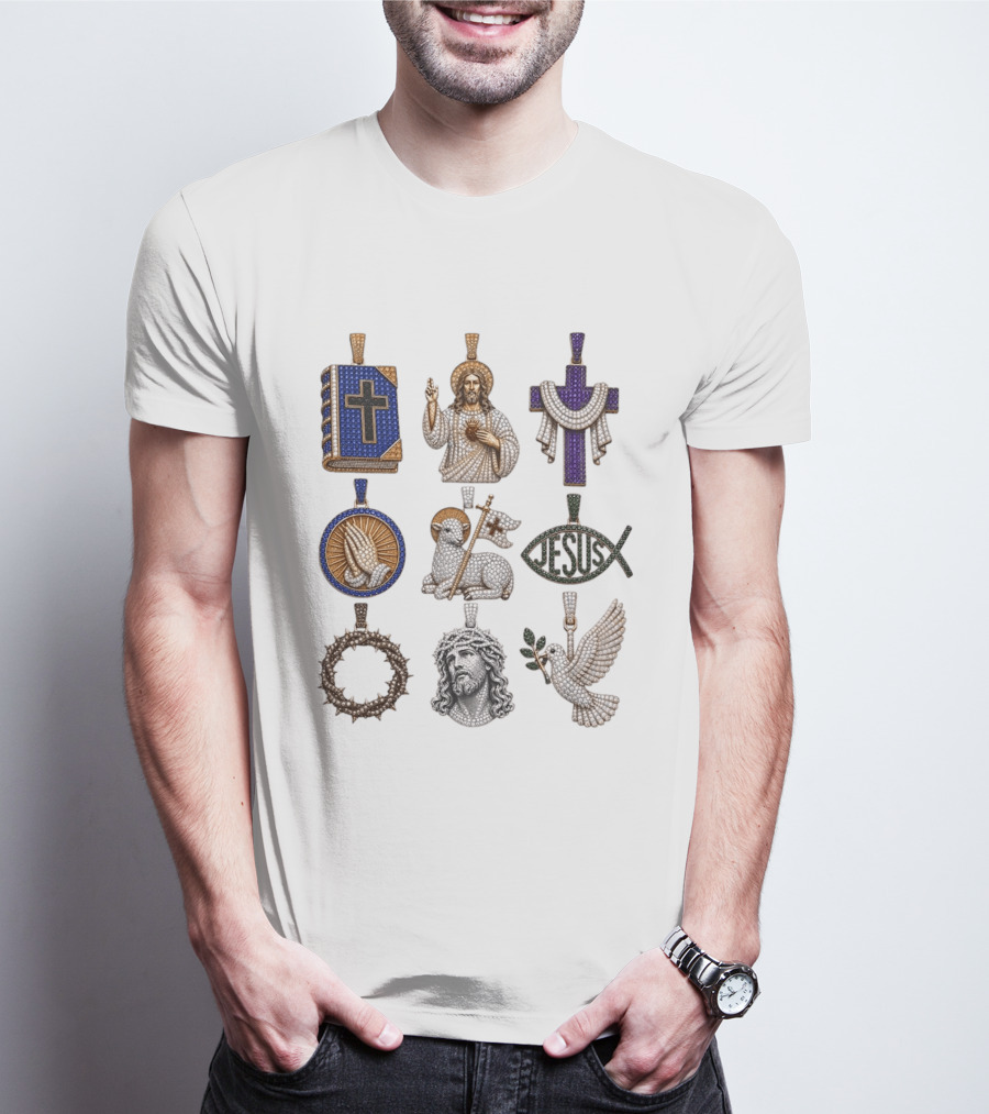 Jesus Cross Bible Lamb Fish Dove Crown Praying Hands Gemstone Pendants Collection T-Shirt