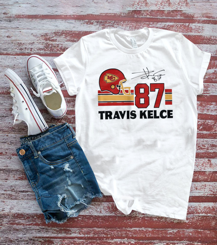 Kansas City Chiefs Travis Kelce 87 Red Gold Helmet Stripes T-Shirt