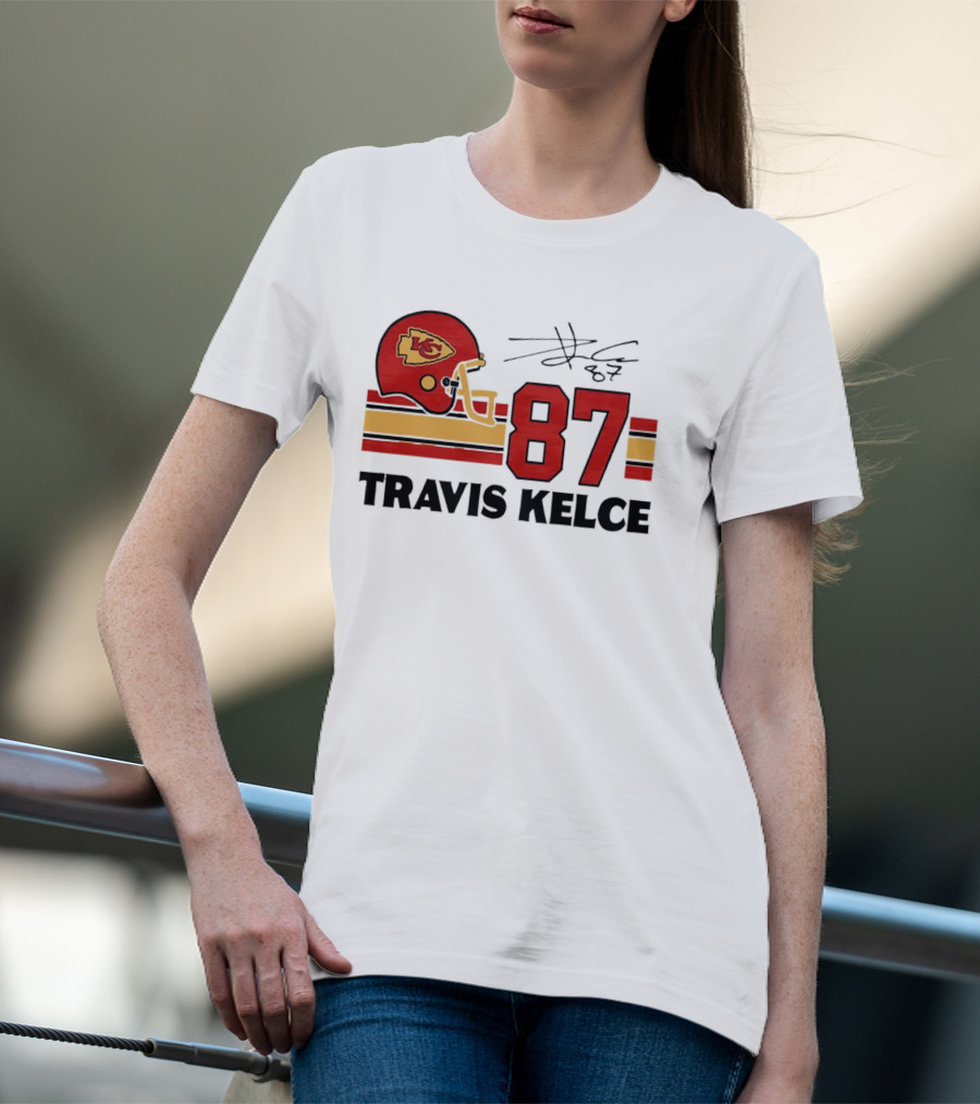 Kansas City Chiefs Travis Kelce 87 Red Gold Helmet Stripes T-Shirt