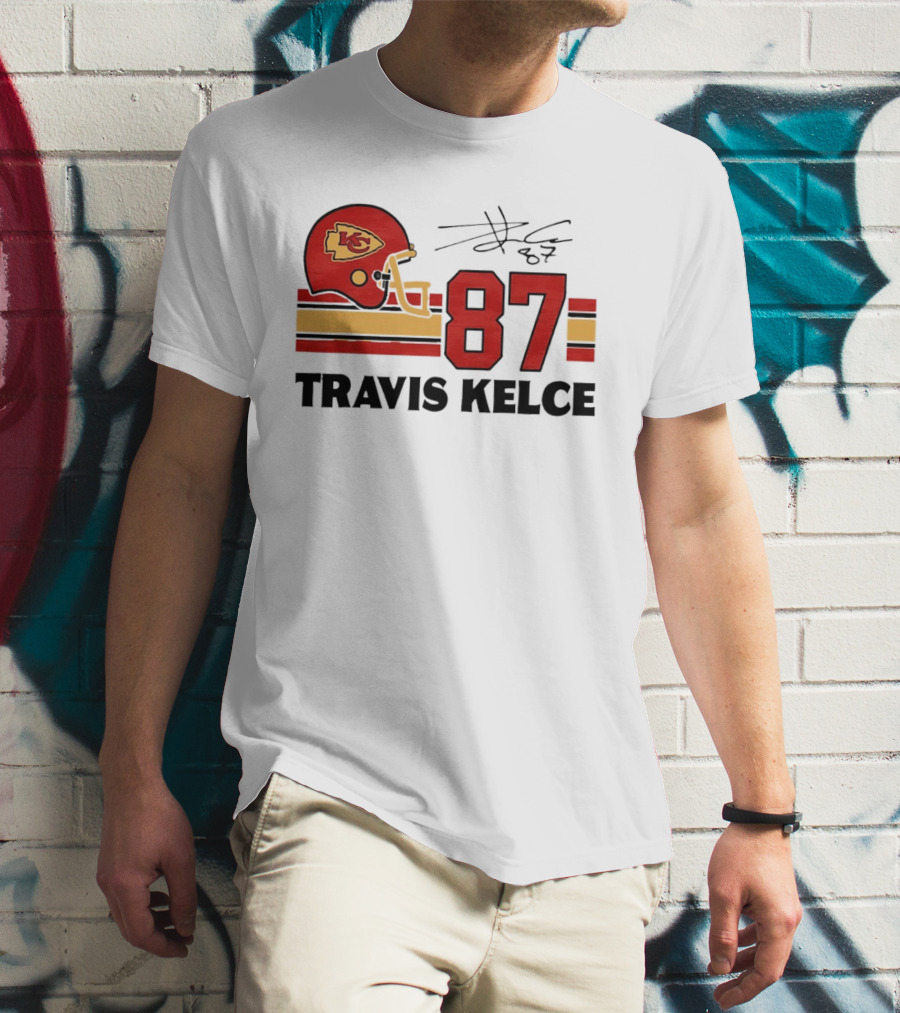 Kansas City Chiefs Travis Kelce 87 Red Gold Helmet Stripes T-Shirt