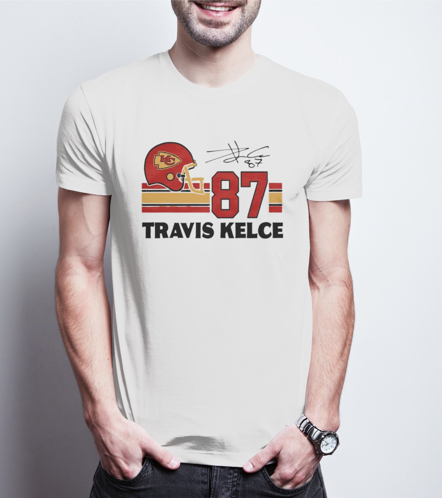 Kansas City Chiefs Travis Kelce 87 Red Gold Helmet Stripes T-Shirt