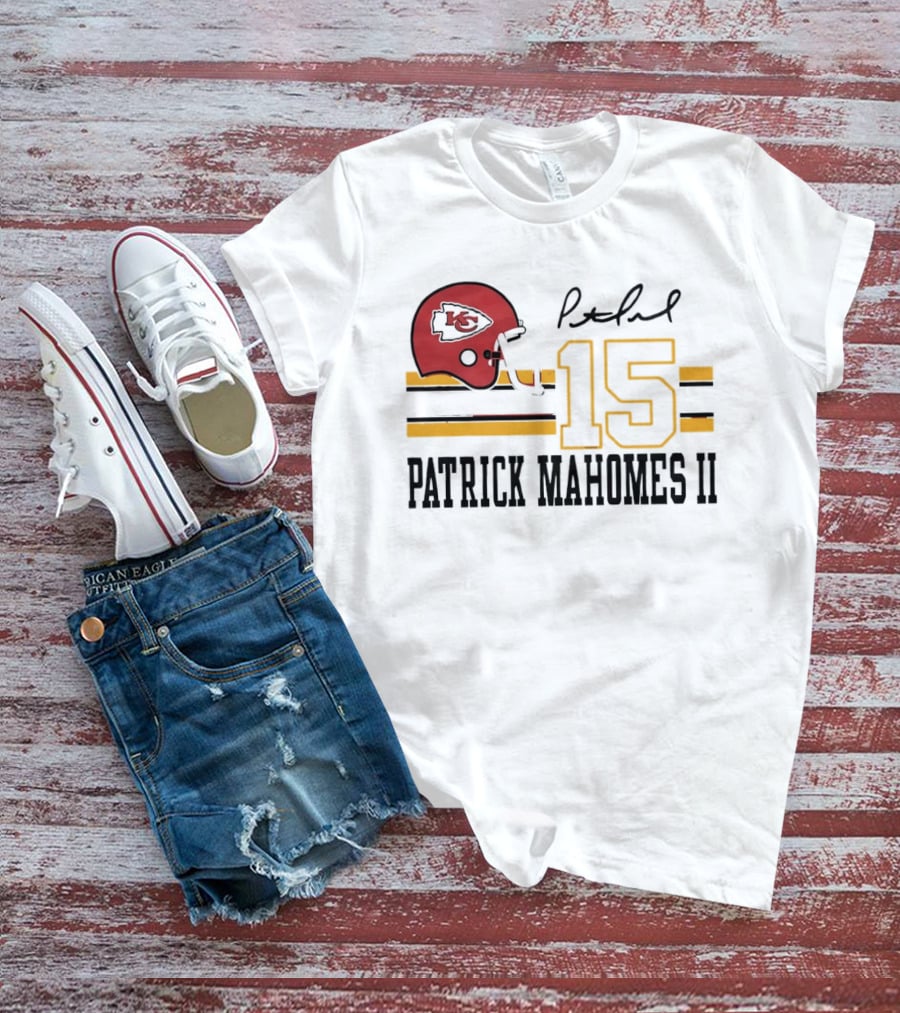 Kansas City Chiefs Patrick Mahomes II Number 15 Signature Football Helmet Stripes T-Shirt