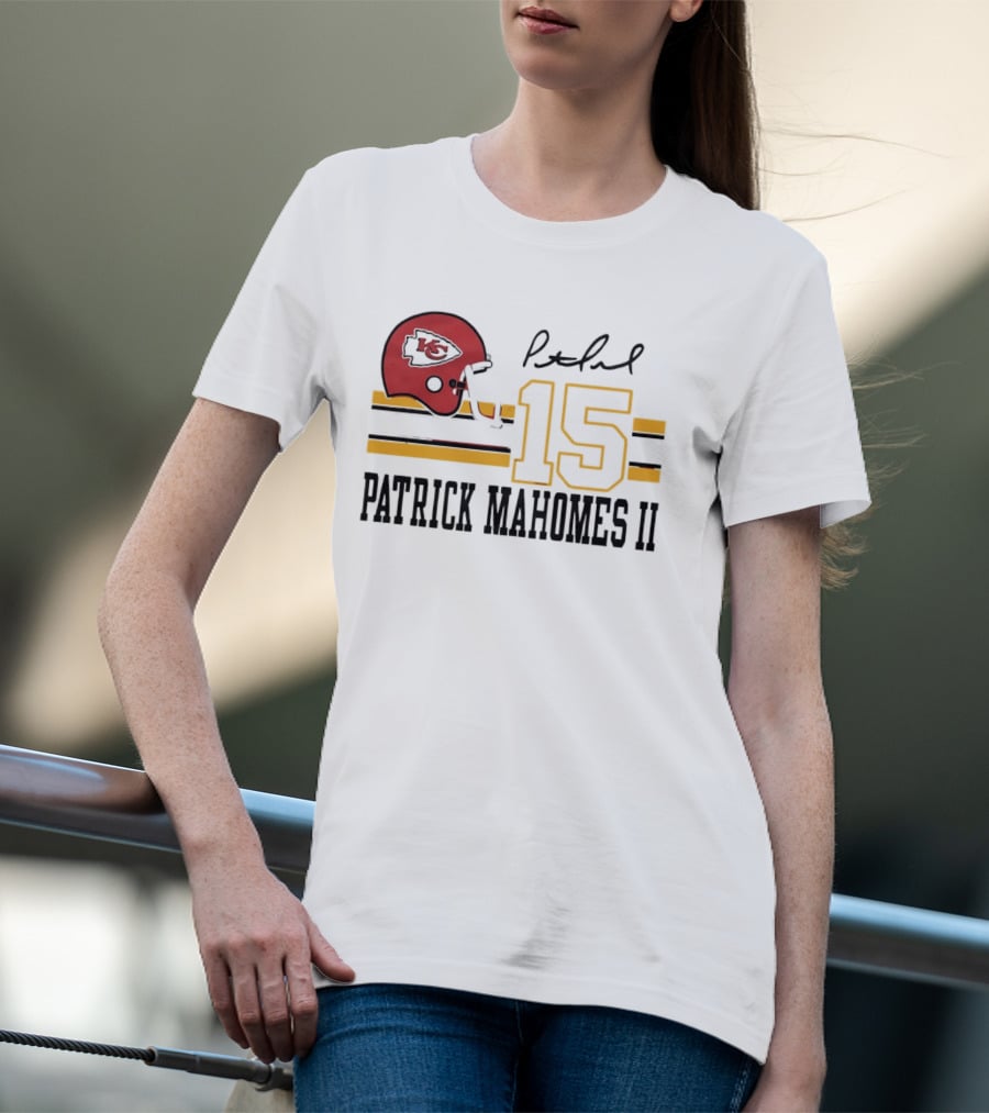 Kansas City Chiefs Patrick Mahomes II Number 15 Signature Football Helmet Stripes T-Shirt