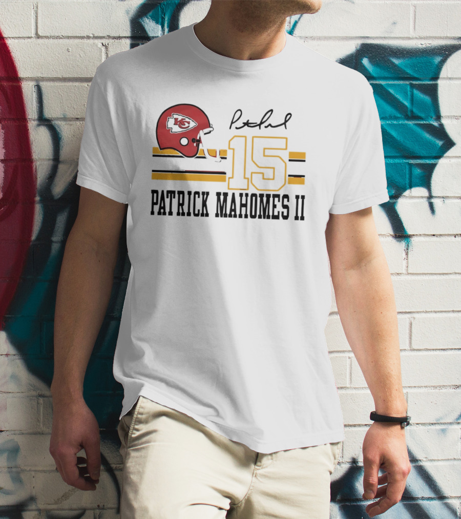 Kansas City Chiefs Patrick Mahomes II Number 15 Signature Football Helmet Stripes T-Shirt