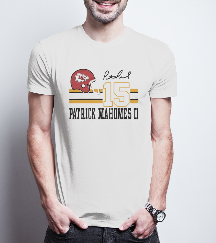 Kansas City Chiefs Patrick Mahomes II Number 15 Signature Football Helmet Stripes T-Shirt