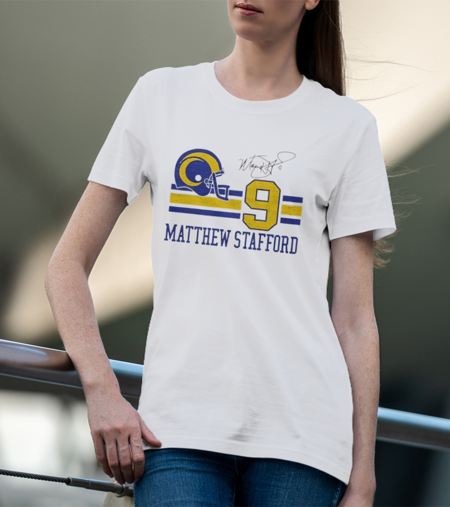 Los Angeles Rams Matthew Stafford Helmet Autograph Number 9 Blue Yellow Stripes T-Shirt