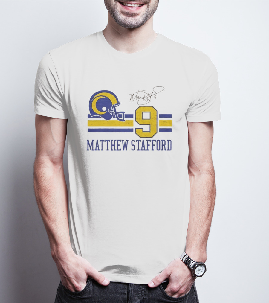 Los Angeles Rams Matthew Stafford Helmet Autograph Number 9 Blue Yellow Stripes T-Shirt